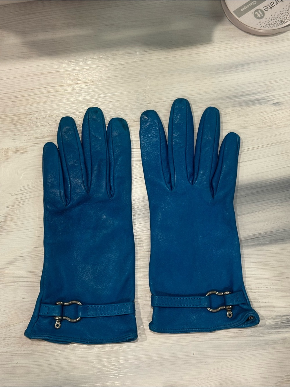 BURBERRY Cobalt Blue Leather and Silk Women's Gloves with Silver Accent - Picture 9 of 11